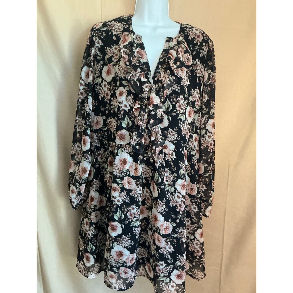 CURE Floral Chiffon Dress Womens XL Black Pink Excellent Ruffle V-Neck Babydoll
